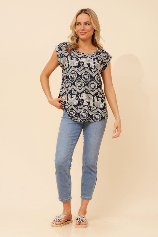 Image of a model wearing Tops. Product name - SHELLY ELEPHANT PRINT TOP in Navy colour by brand - Caroline Morgan Australia