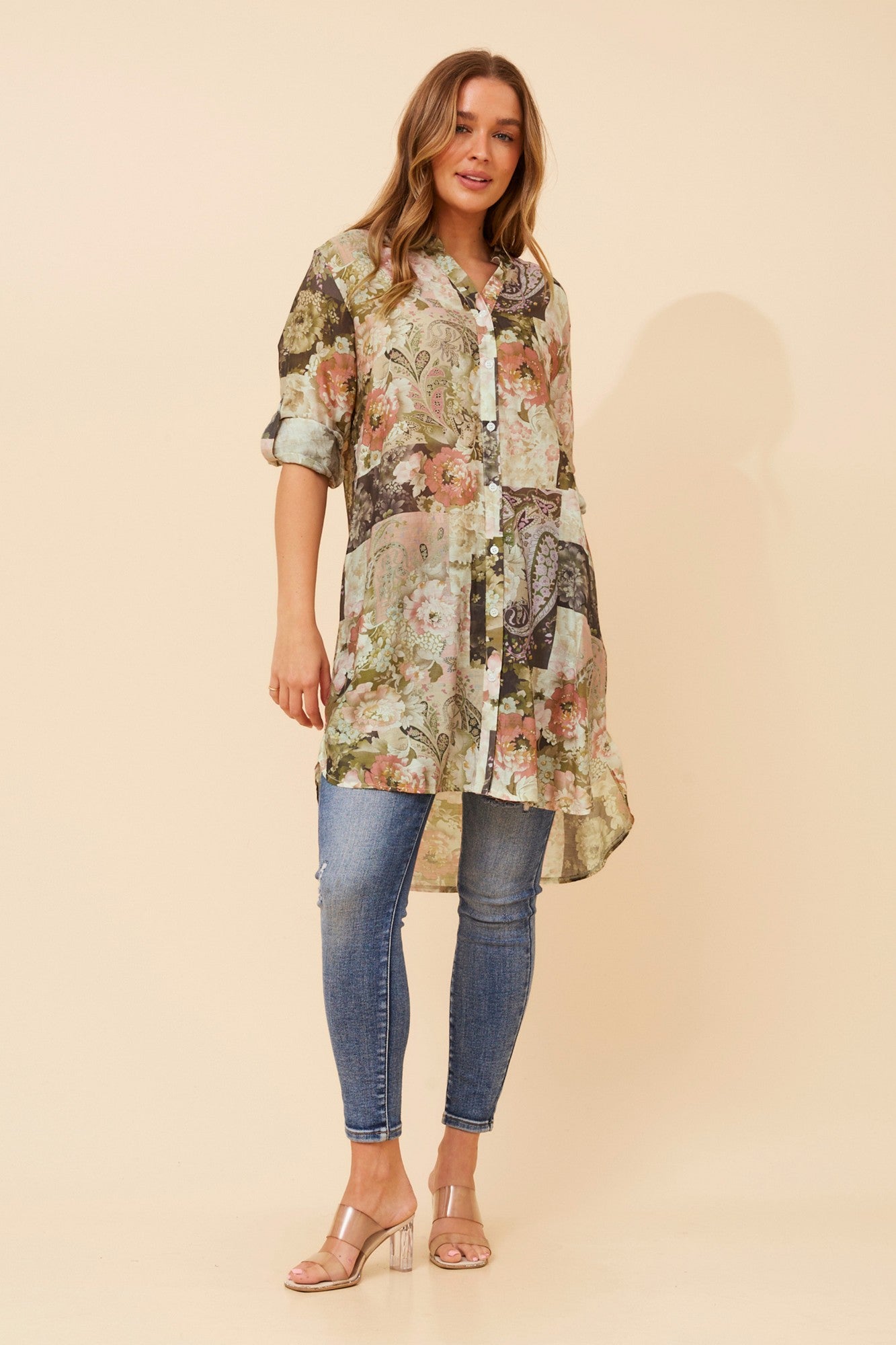JANSON PATCHWORK PRINT TUNIC SHIRT (Olive)