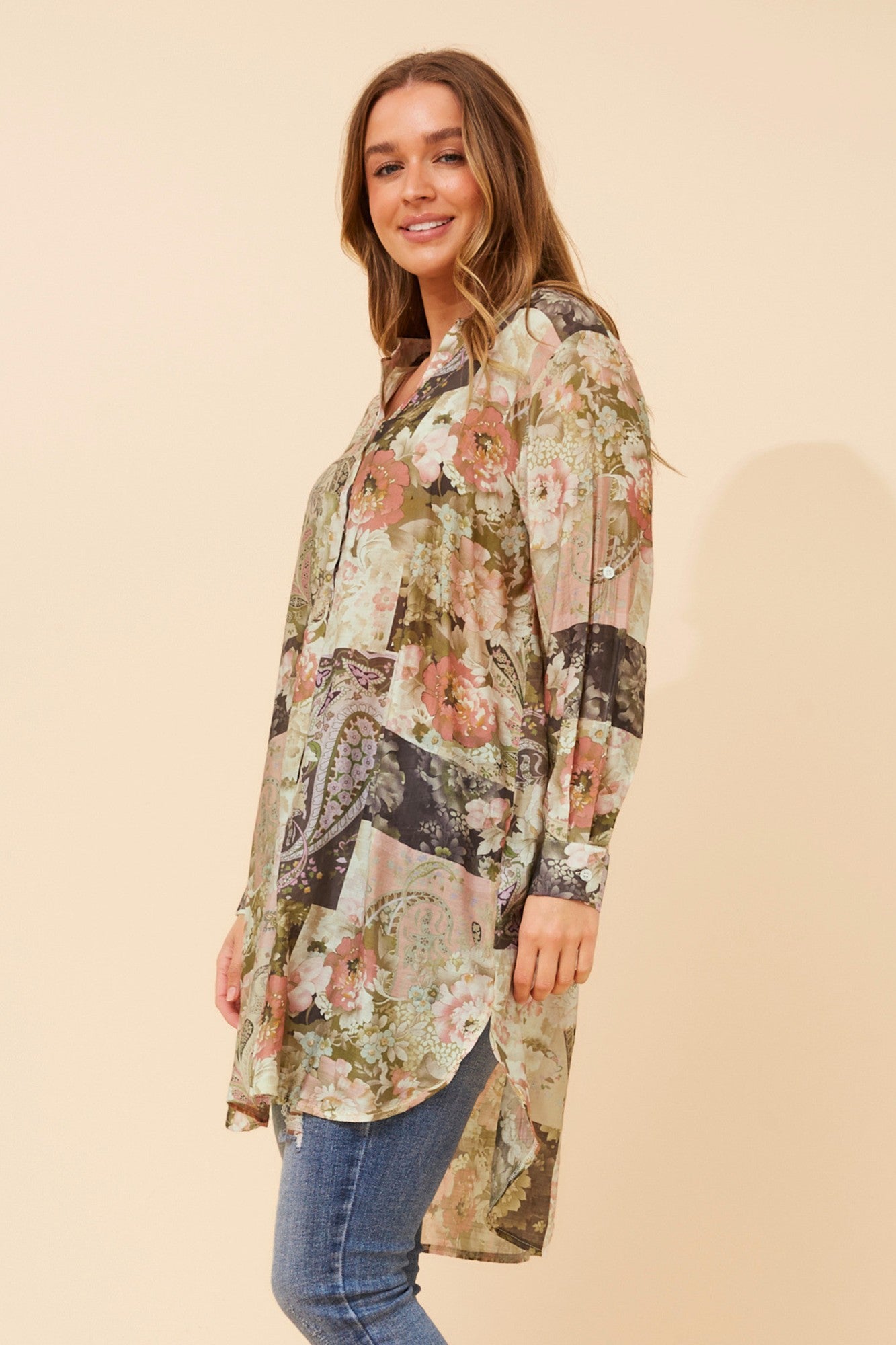 JANSON PATCHWORK PRINT TUNIC SHIRT (Olive)