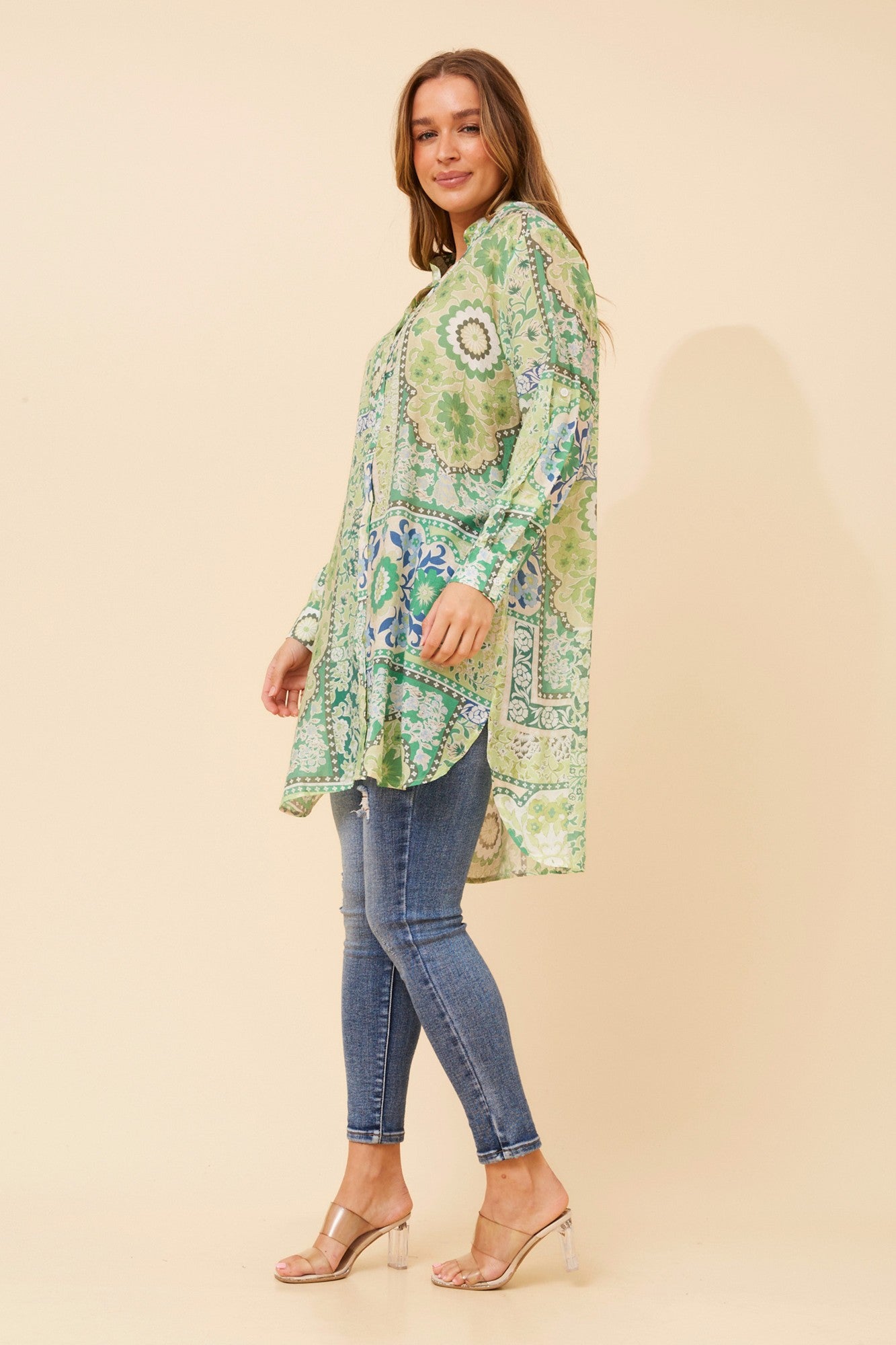 JANSON PATCHWORK PRINT TUNIC SHIRT (Green)