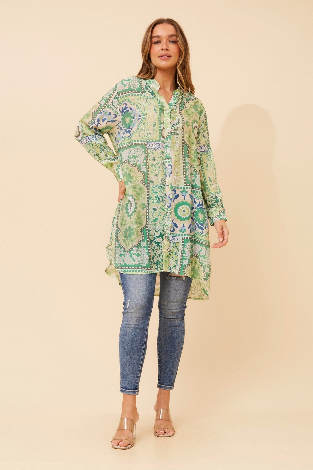JANSON PATCHWORK PRINT TUNIC SHIRT (Green)