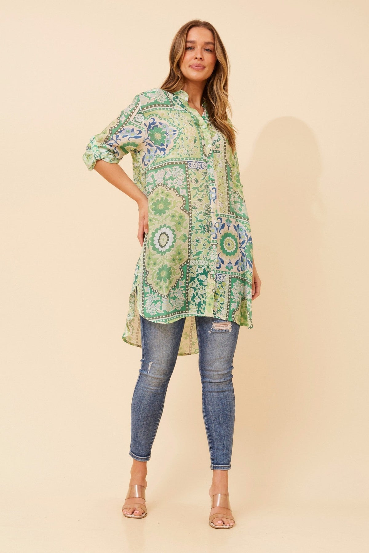 JANSON PATCHWORK PRINT TUNIC SHIRT (Green)