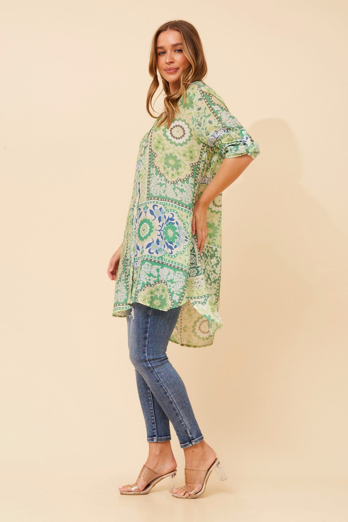 JANSON PATCHWORK PRINT TUNIC SHIRT (Green)