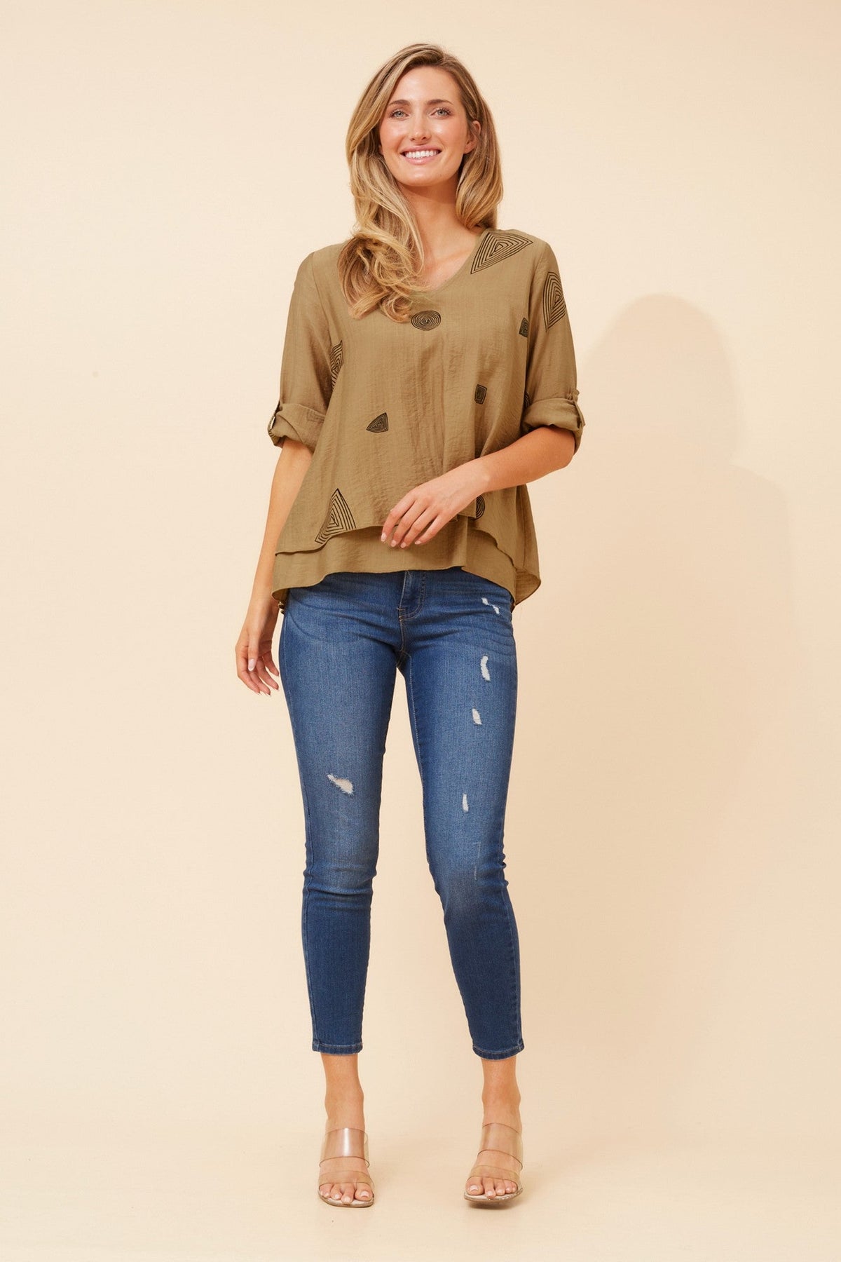 Caroline Morgan Australia LORETO ABSTRACT PRINT TOP (Toffee)