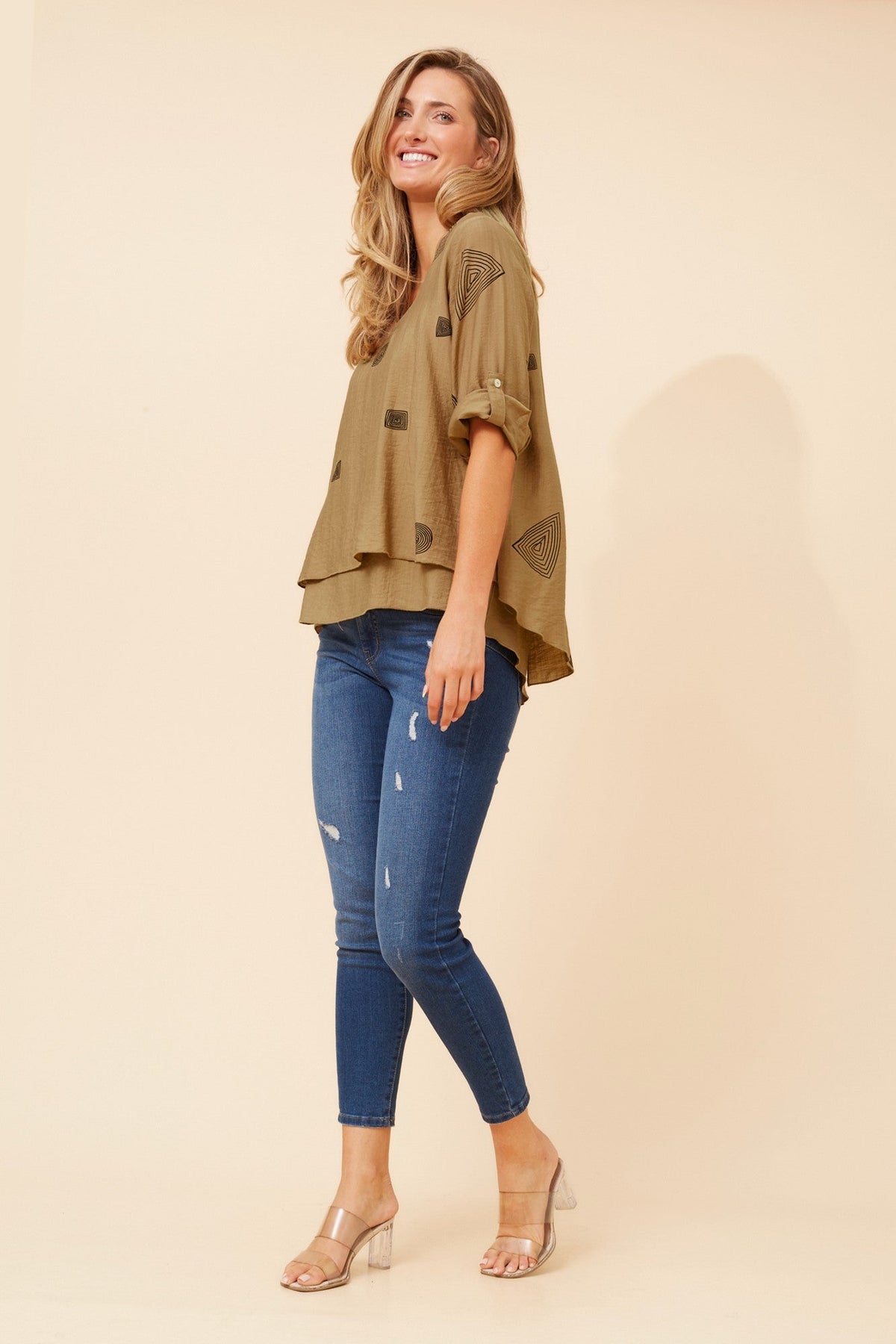 Caroline Morgan Australia LORETO ABSTRACT PRINT TOP (Toffee)