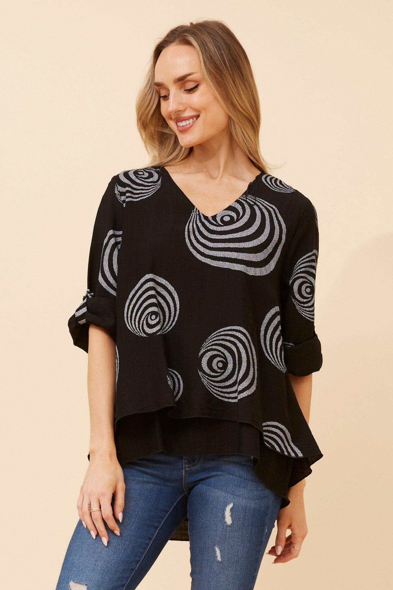 LORETO ABSTRACT PRINT TOP (Black)