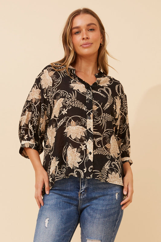 Image of Shirts. Product name - BELINA FLORAL SHIRT in Black colour by brand - Caroline Morgan Australia