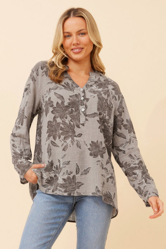 Image of a model wearing Tops. Product name - ROSETTA LEAF PRINT TOP in Fango colour by brand - BOTTEGA MODA