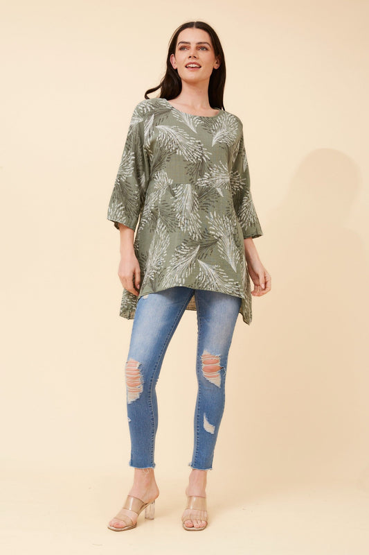 Image of a model wearing Tops. Product name - ELOISA ABSTRACT PRINT TOP in Ivory colour by brand - BOTTEGA MODA