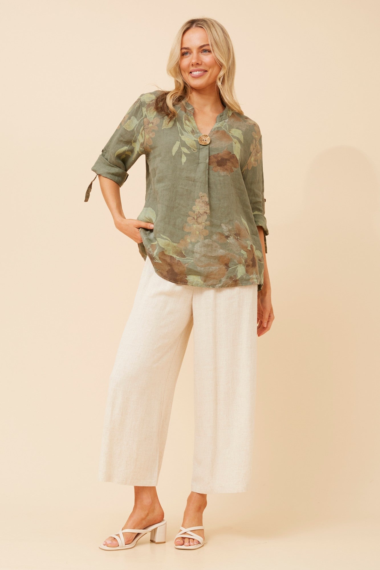 GREGORIA FLORAL LINEN TOP (Khaki)