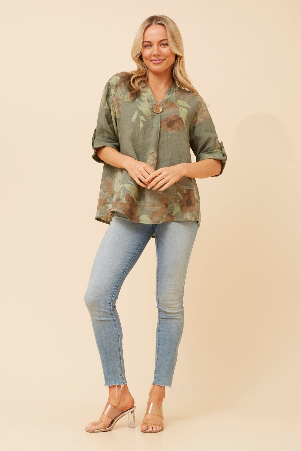 GREGORIA FLORAL LINEN TOP (Khaki)
