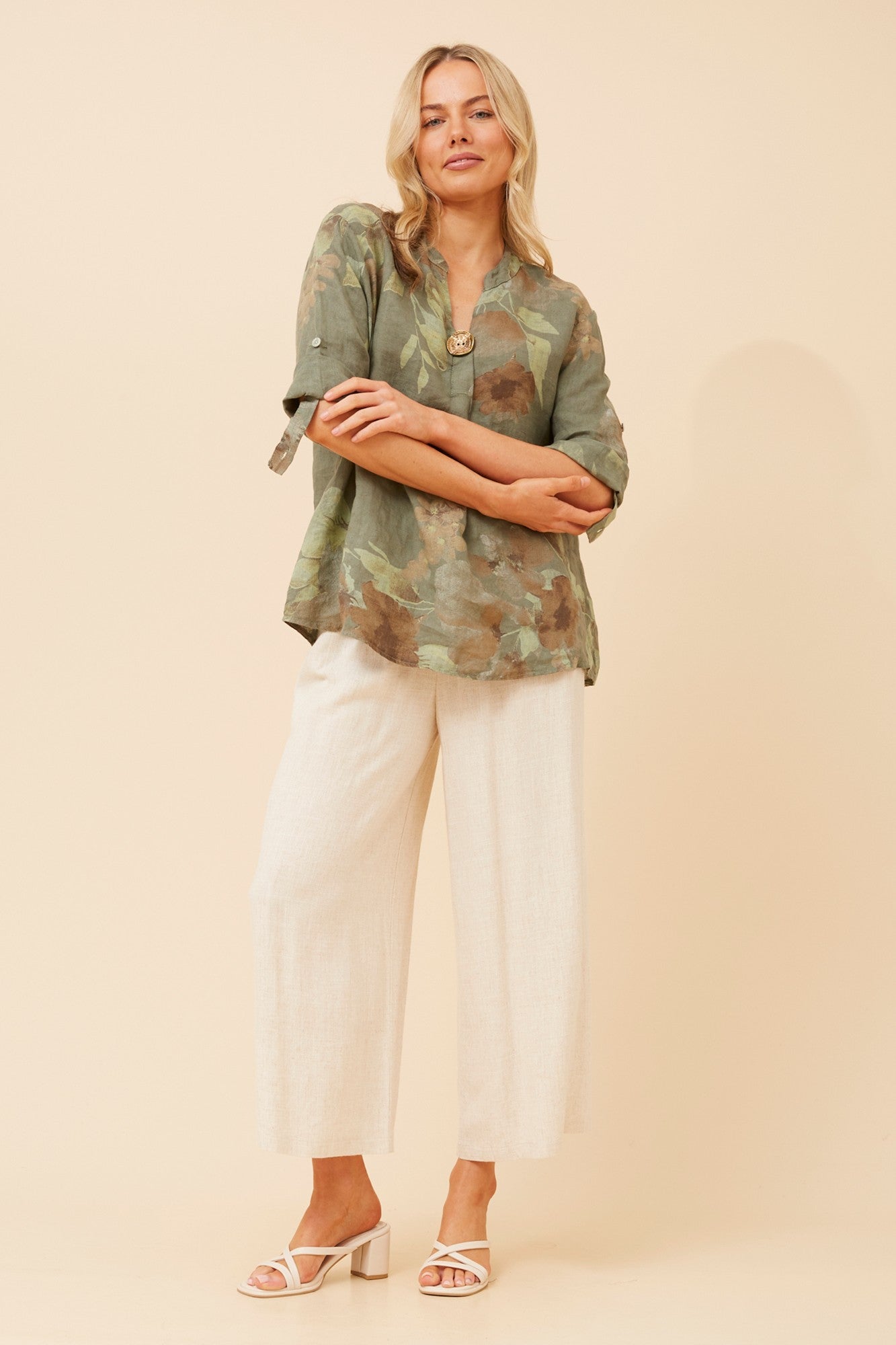 GREGORIA FLORAL LINEN TOP (Khaki)