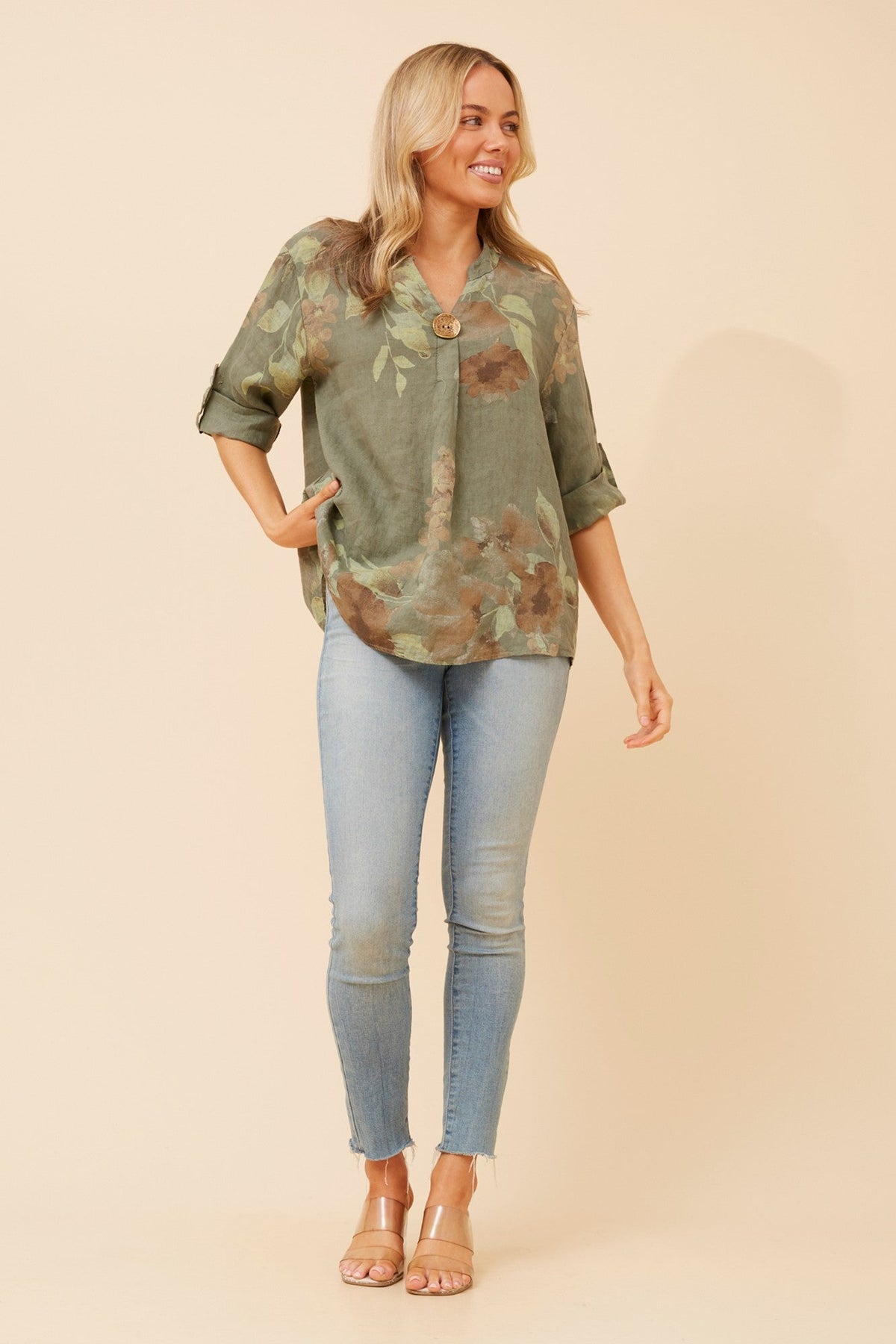 BOTTEGA MODA GREGORIA FLORAL LINEN TOP (Khaki)