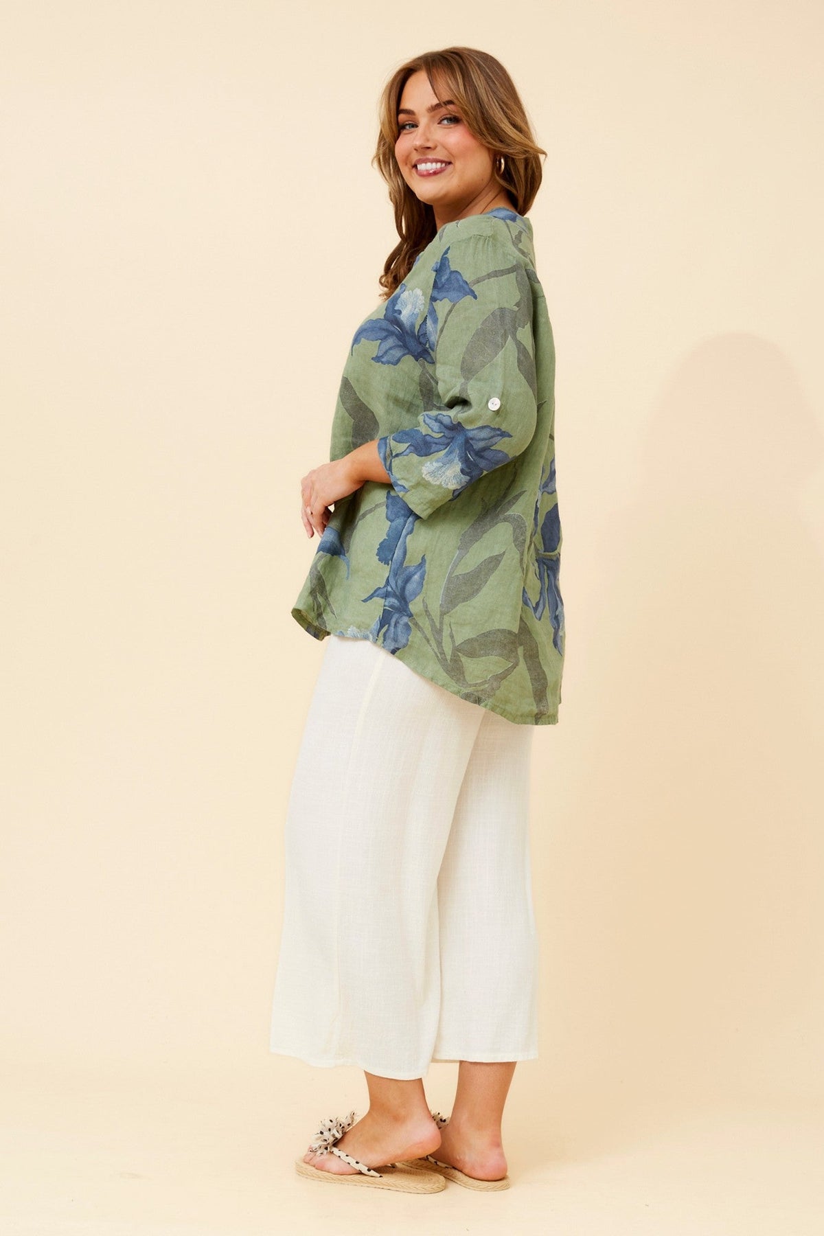 BOTTEGA MODA IVALDA LEAF PRINT LINEN TOP (Gumleaf)