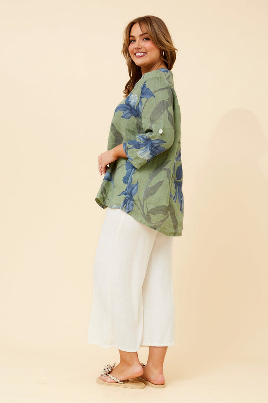 BOTTEGA MODA IVALDA LEAF PRINT LINEN TOP (Gumleaf)