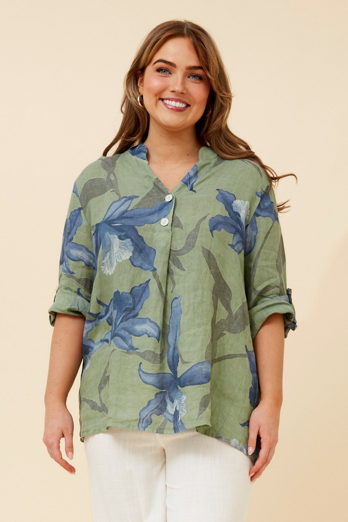 BOTTEGA MODA IVALDA LEAF PRINT LINEN TOP (Gumleaf)