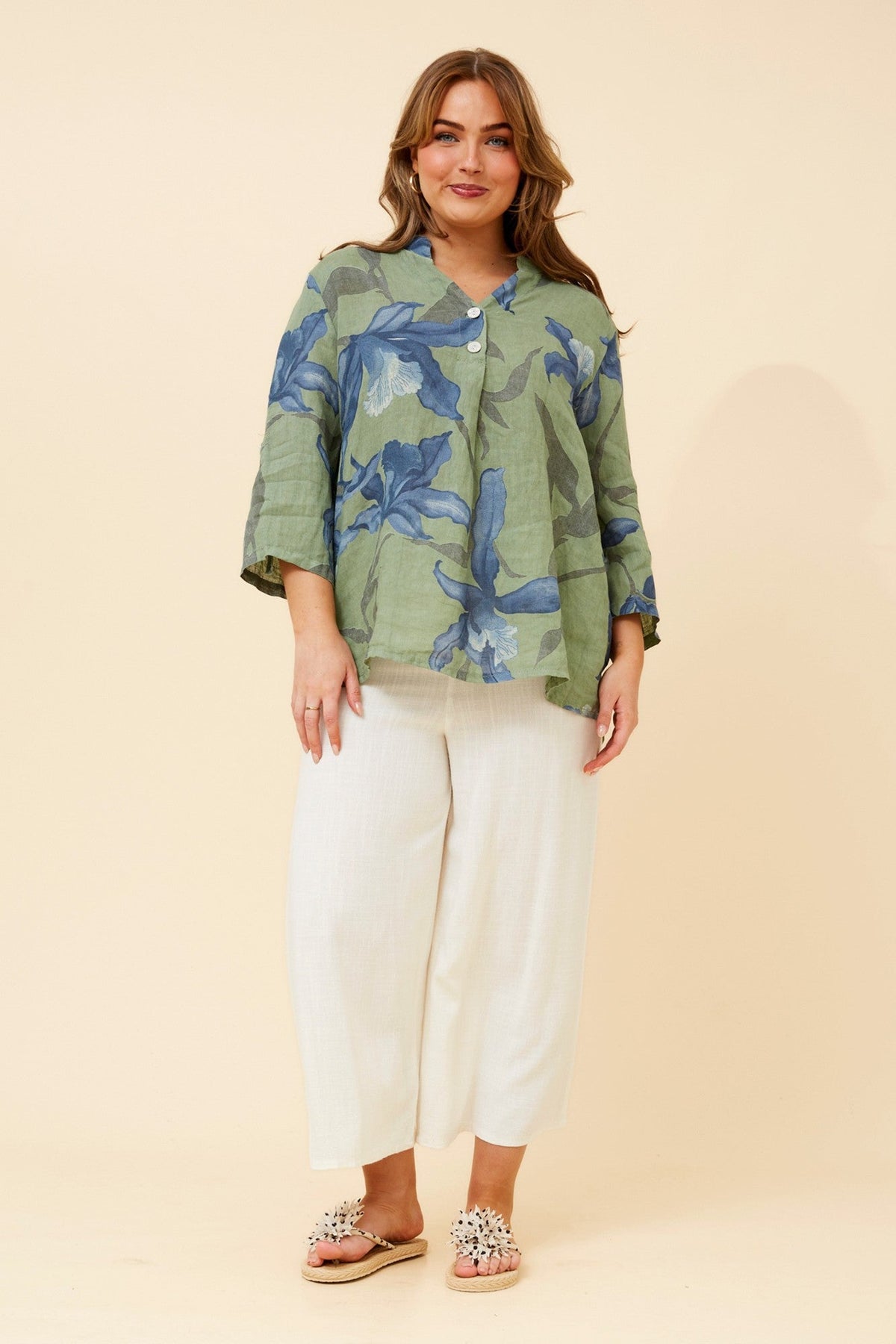 BOTTEGA MODA IVALDA LEAF PRINT LINEN TOP (Gumleaf)