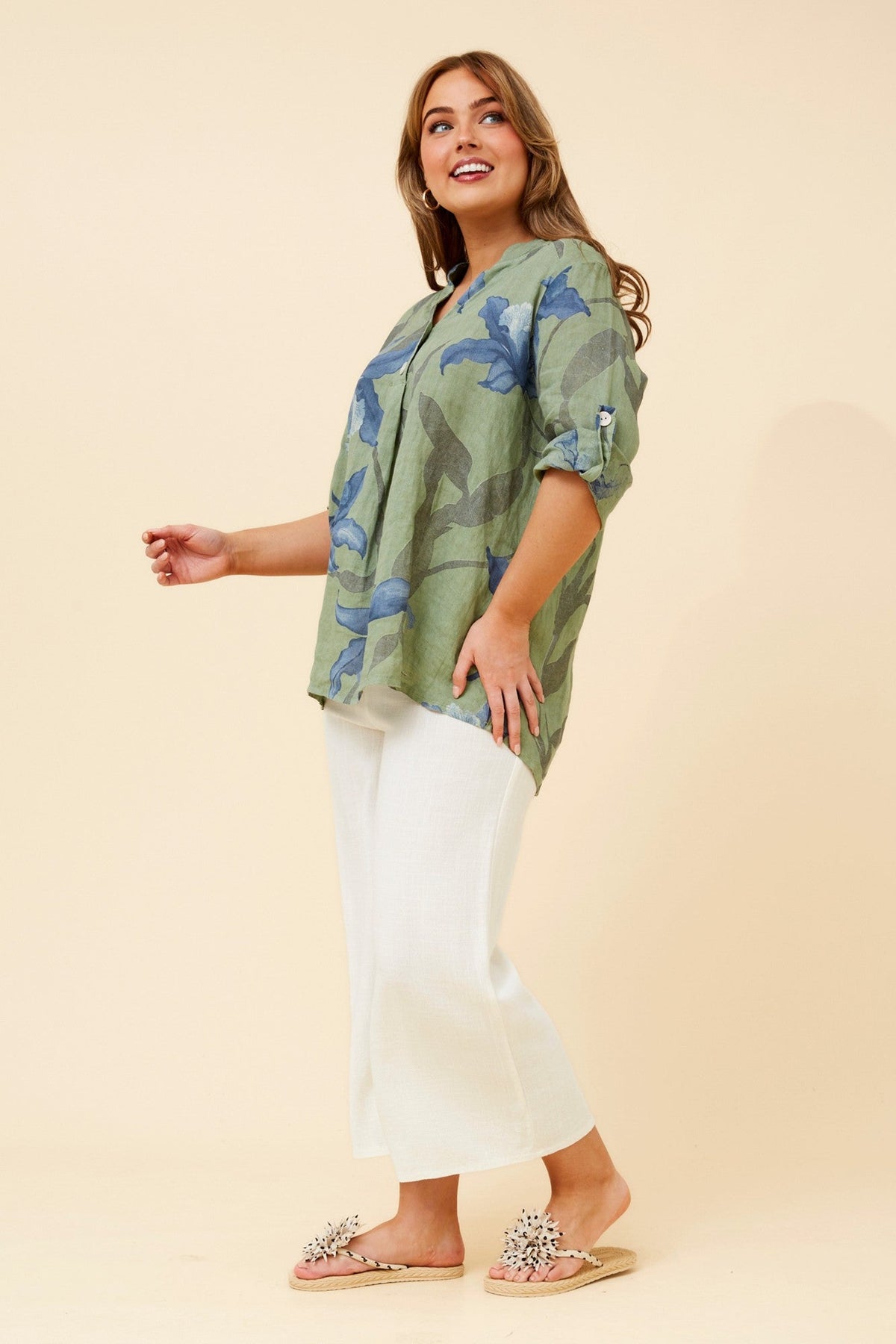 BOTTEGA MODA IVALDA LEAF PRINT LINEN TOP (Gumleaf)