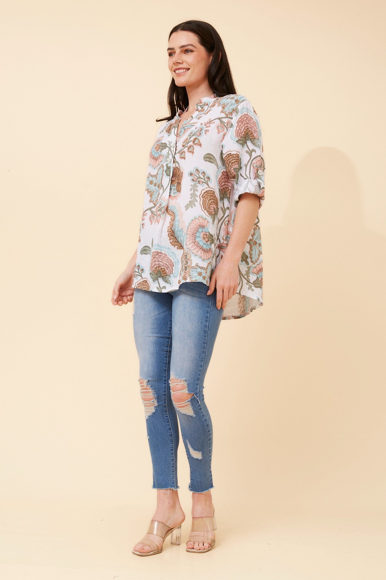 IVALDA FLORAL LINEN TOP (Multi White)