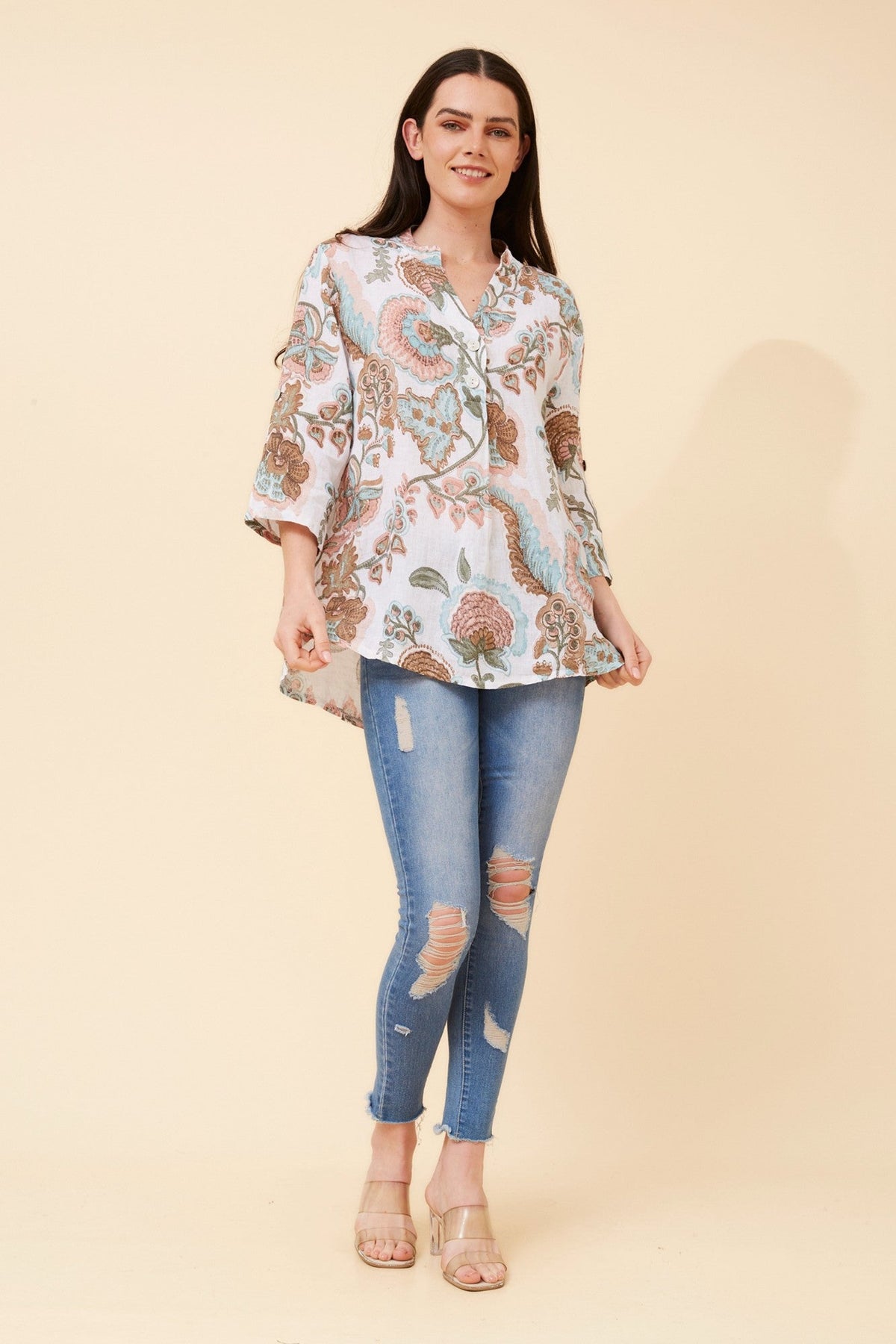 IVALDA FLORAL LINEN TOP (Multi White)