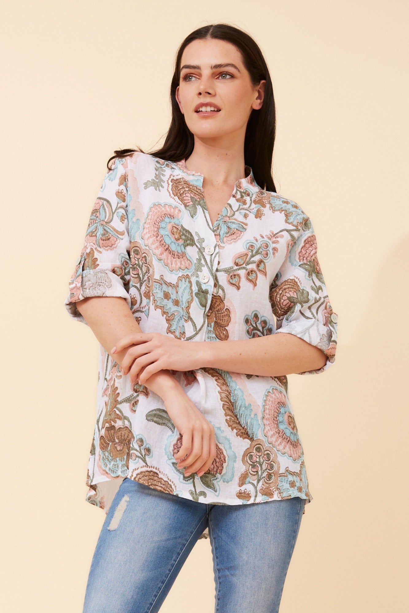 IVALDA FLORAL LINEN TOP (Multi White)