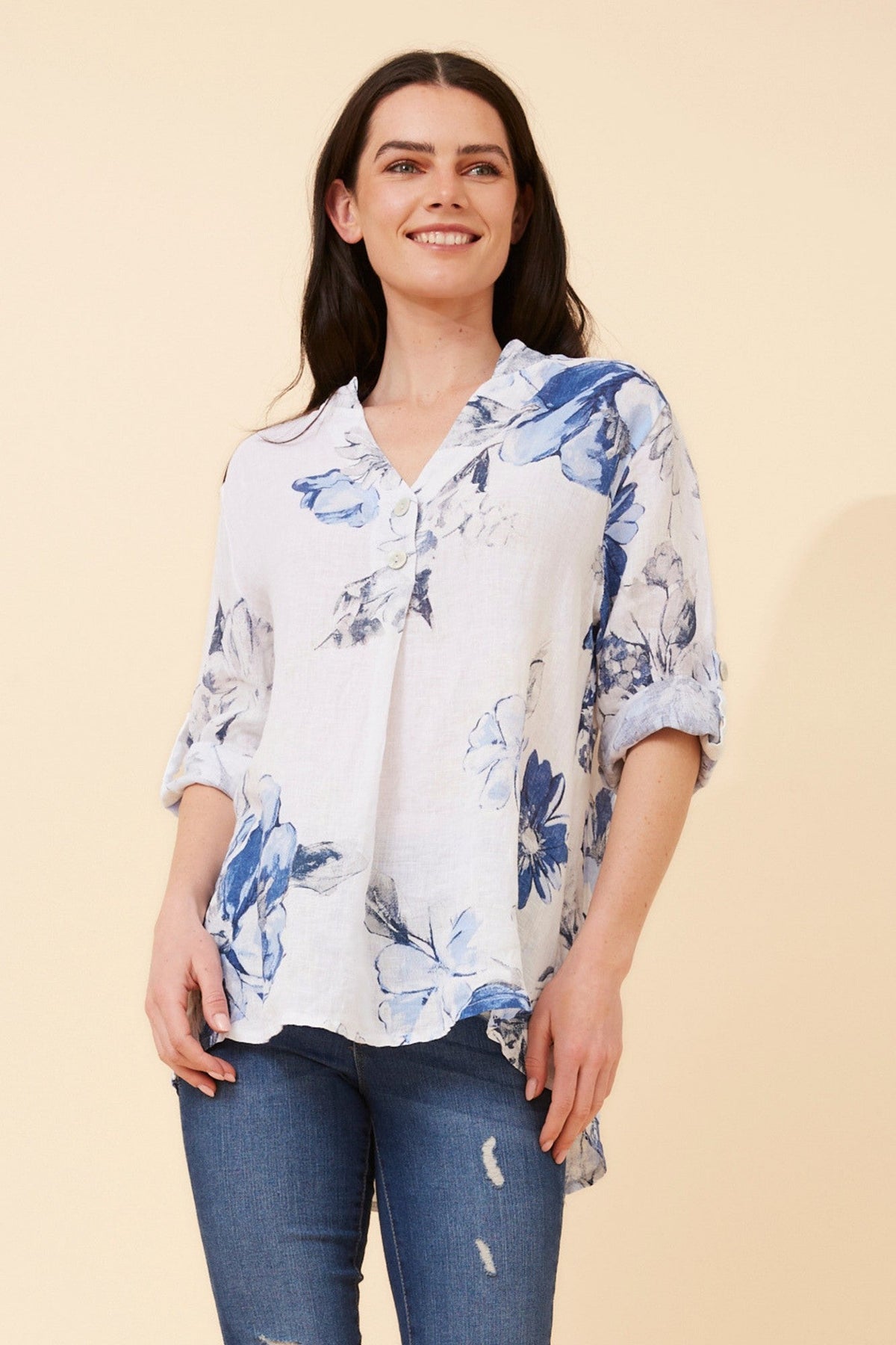 IVALDA FLORAL LINEN TOP (White)