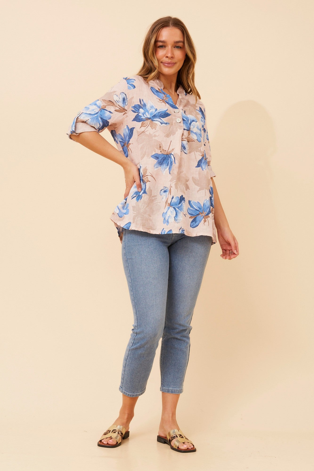 Image of a model wearing Tops. Product name - IVALDA FLORAL LINEN TOP in Pink colour by brand - BOTTEGA MODA