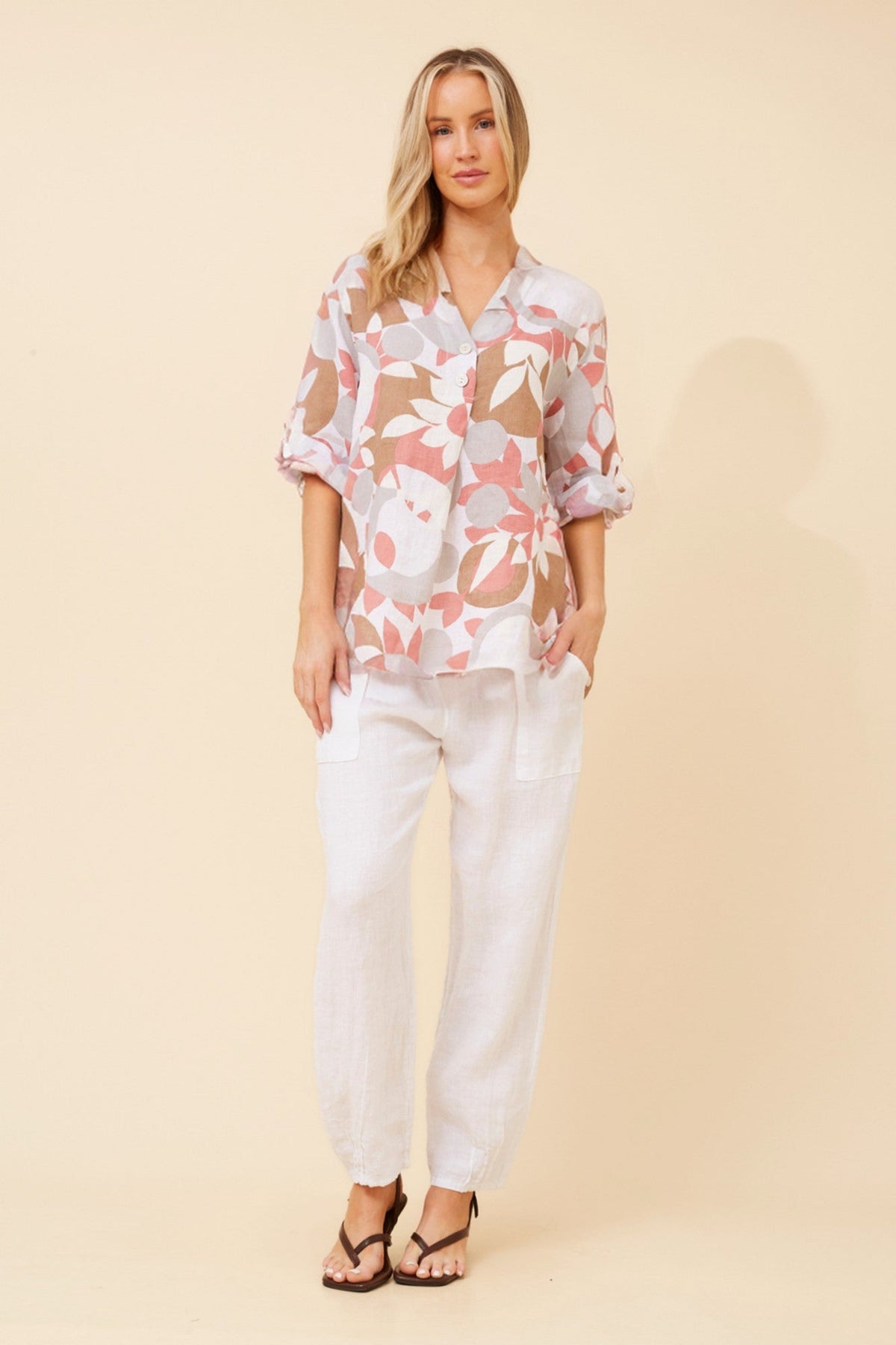 IVALDA ABSTRACT PRINT LINEN TOP (Multi White)