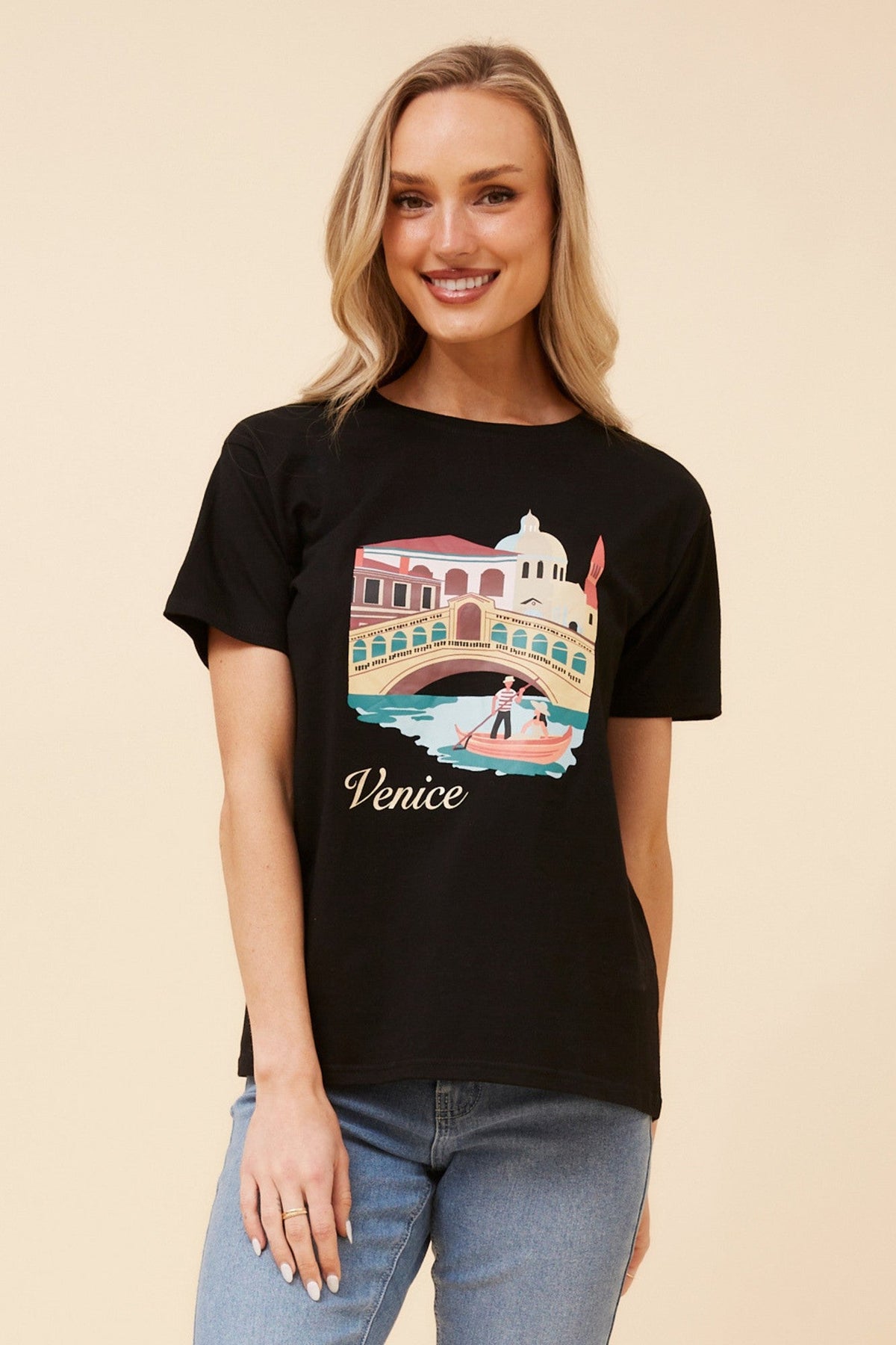 Image of T-Shirts. Product name - JULITA GRAPHIC PRINT T-SHIRT in Black colour by brand - Caroline Morgan Australia