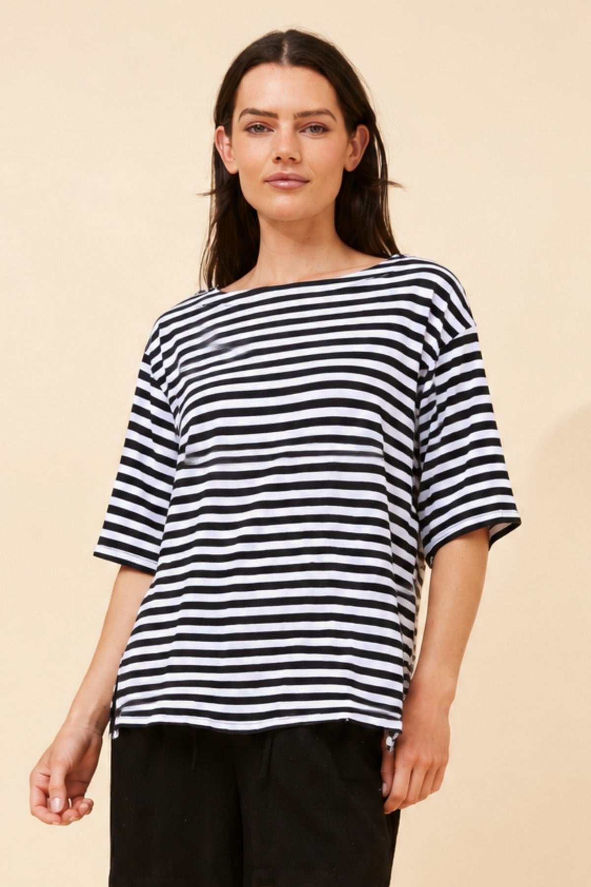 Image of T-Shirts. Product name - HARLETH STRIPE PRINT T-SHIRT in Black And White colour by brand - Caroline Morgan Australia