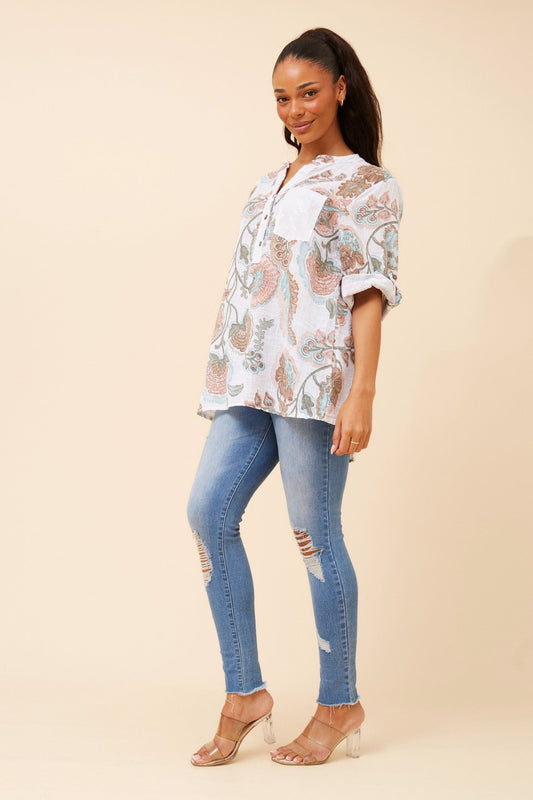 ROSETTA ABSTRACT PRINT LINEN TOP (Multi White)