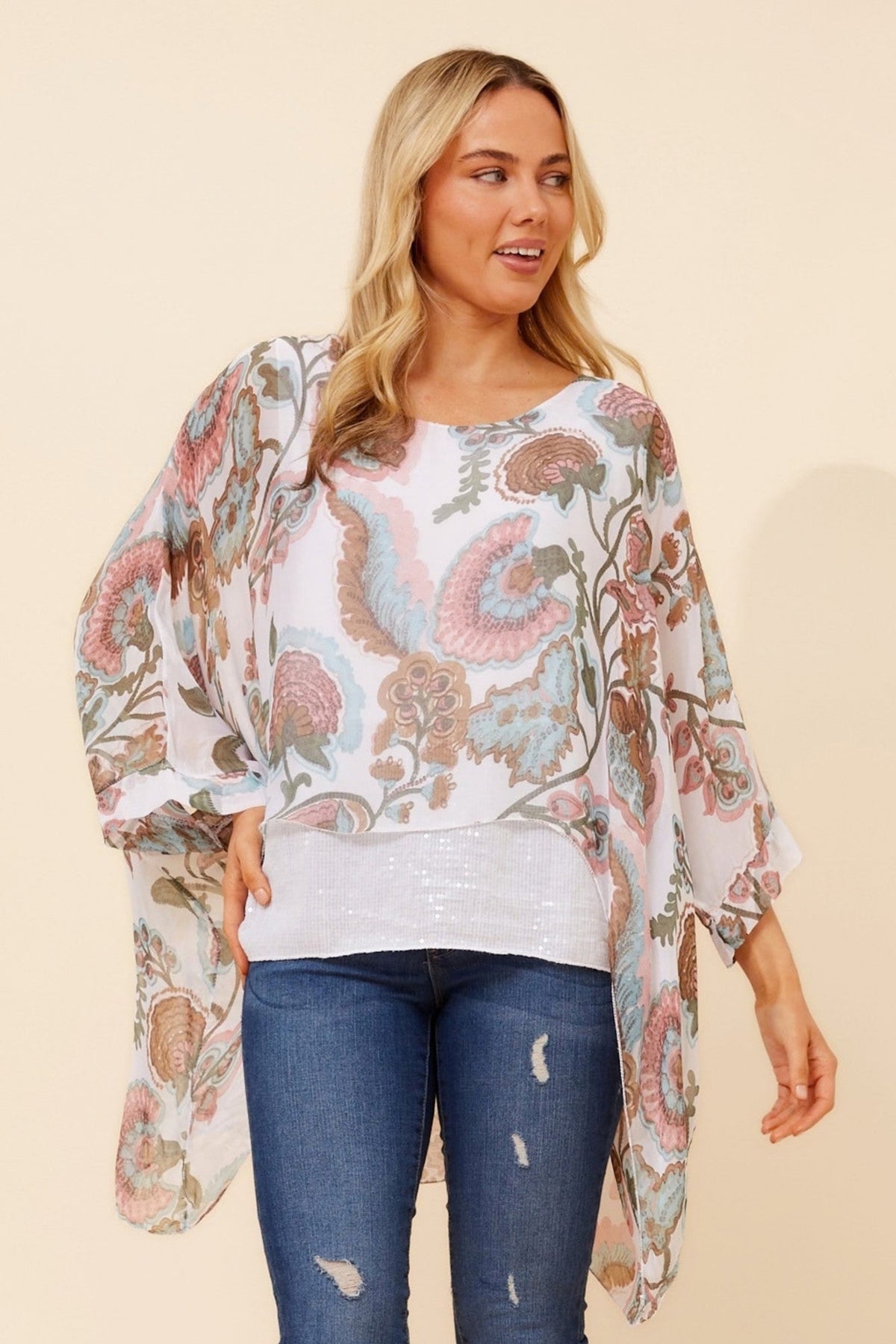 BOTTEGA MODA ENNA SILK BLEND DOUBLE LAYERED TOP (Multi White)