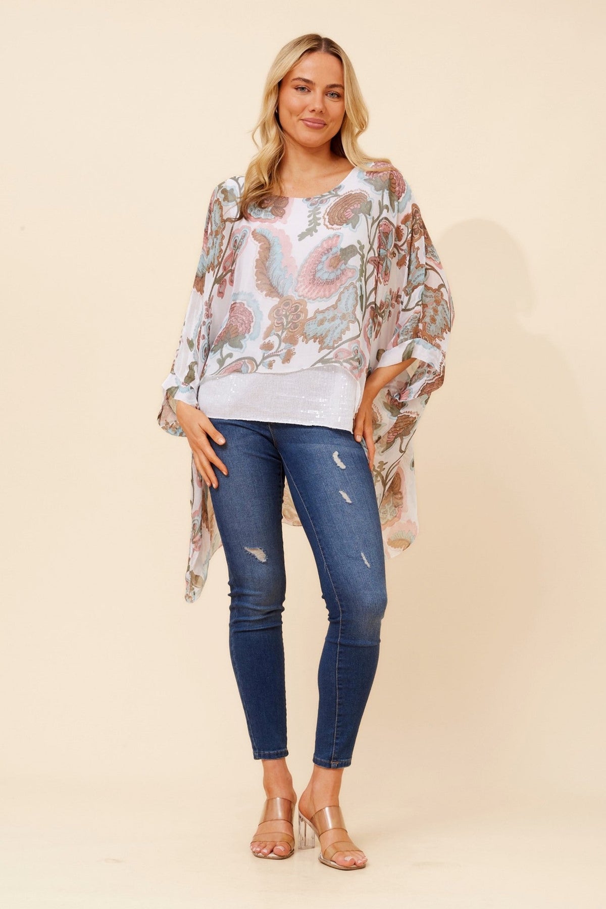 BOTTEGA MODA ENNA SILK BLEND DOUBLE LAYERED TOP (Multi White)
