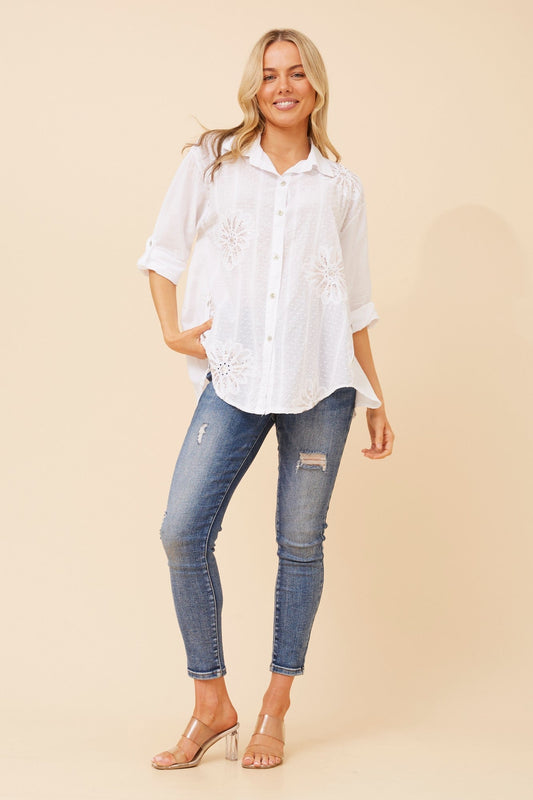 BOTTEGA MODA NINETTA FLORAL EMBROIDERED SHIRT (White)
