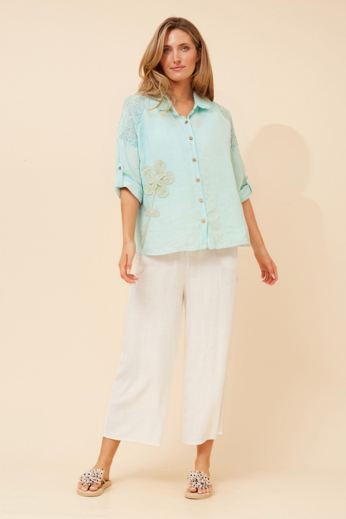 Image of Shirts. Product name - GLORIETTA LINEN SHIRT in Mint colour by brand - BOTTEGA MODA