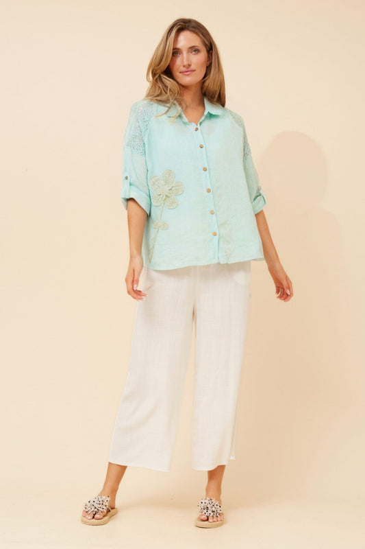 Image of Shirts. Product name - GLORIETTA LINEN SHIRT in Mint colour by brand - BOTTEGA MODA