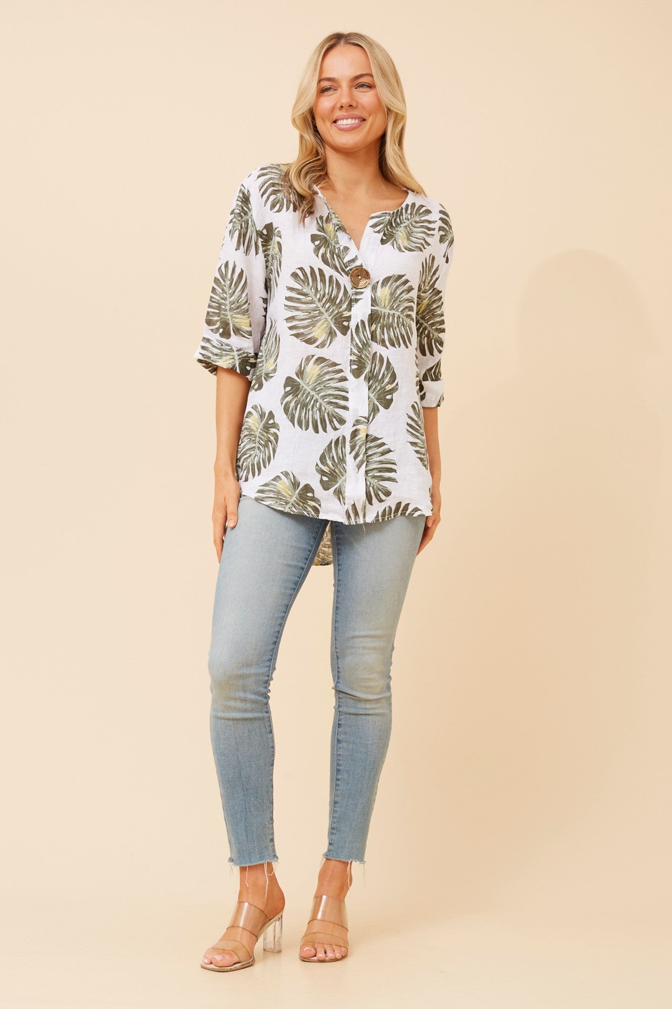 PALERMO LEAF PRINT LINEN TOP (White)