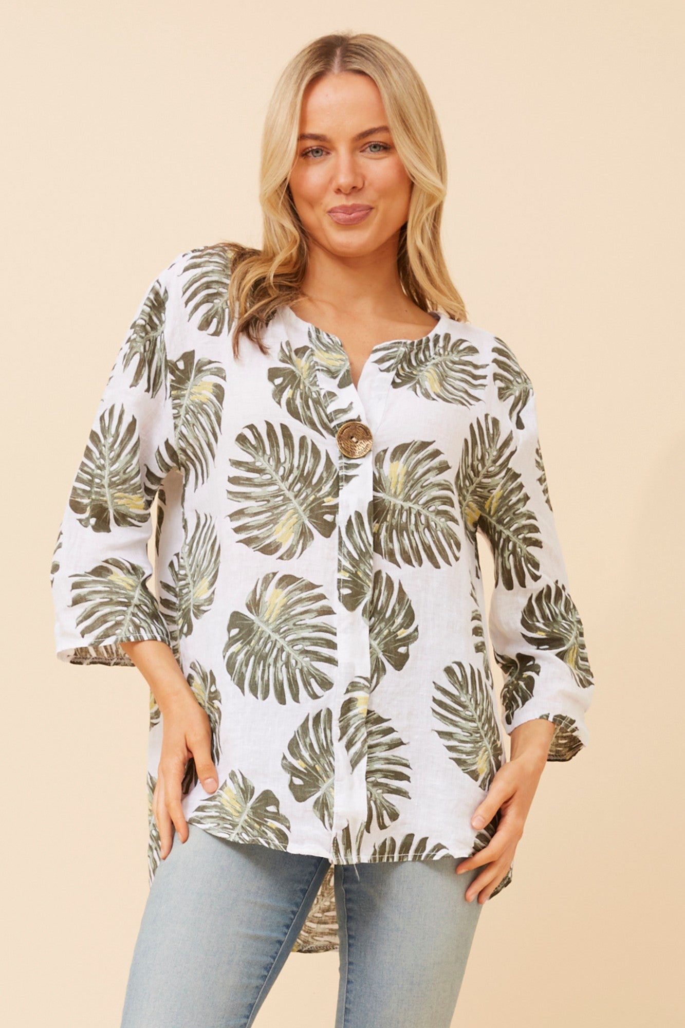 PALERMO LEAF PRINT LINEN TOP (White)