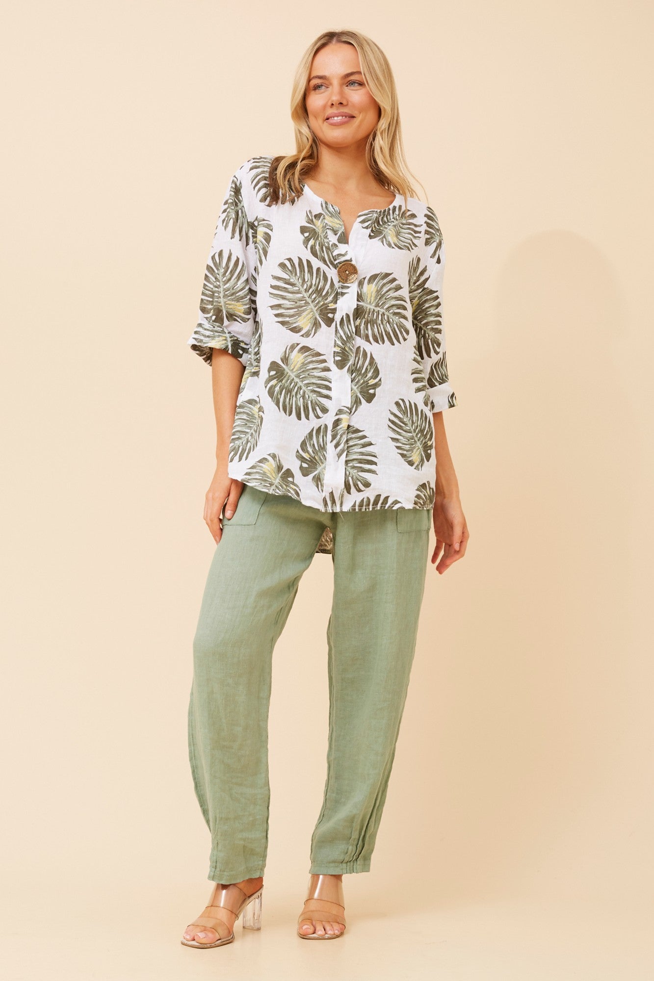 PALERMO LEAF PRINT LINEN TOP (White)