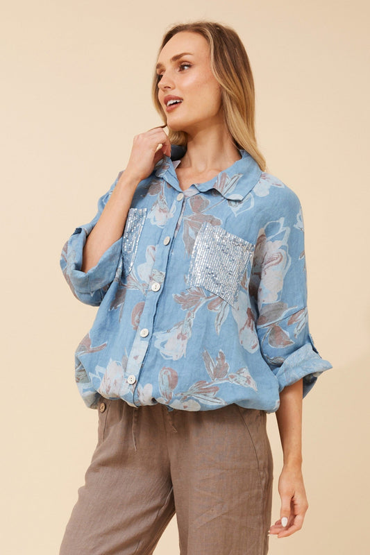 Image of Shirts. Product name - NOLENE LEAF PRINT LINEN SHIRT in Linen colour by brand - BOTTEGA MODA
