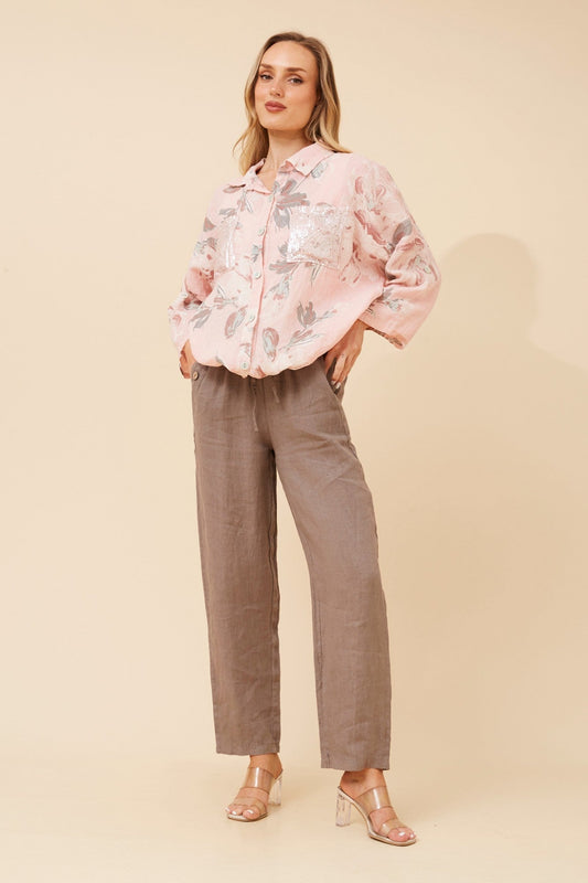 Image of Shirts. Product name - NOLENE LEAF PRINT LINEN SHIRT in Blush Pink colour by brand - BOTTEGA MODA