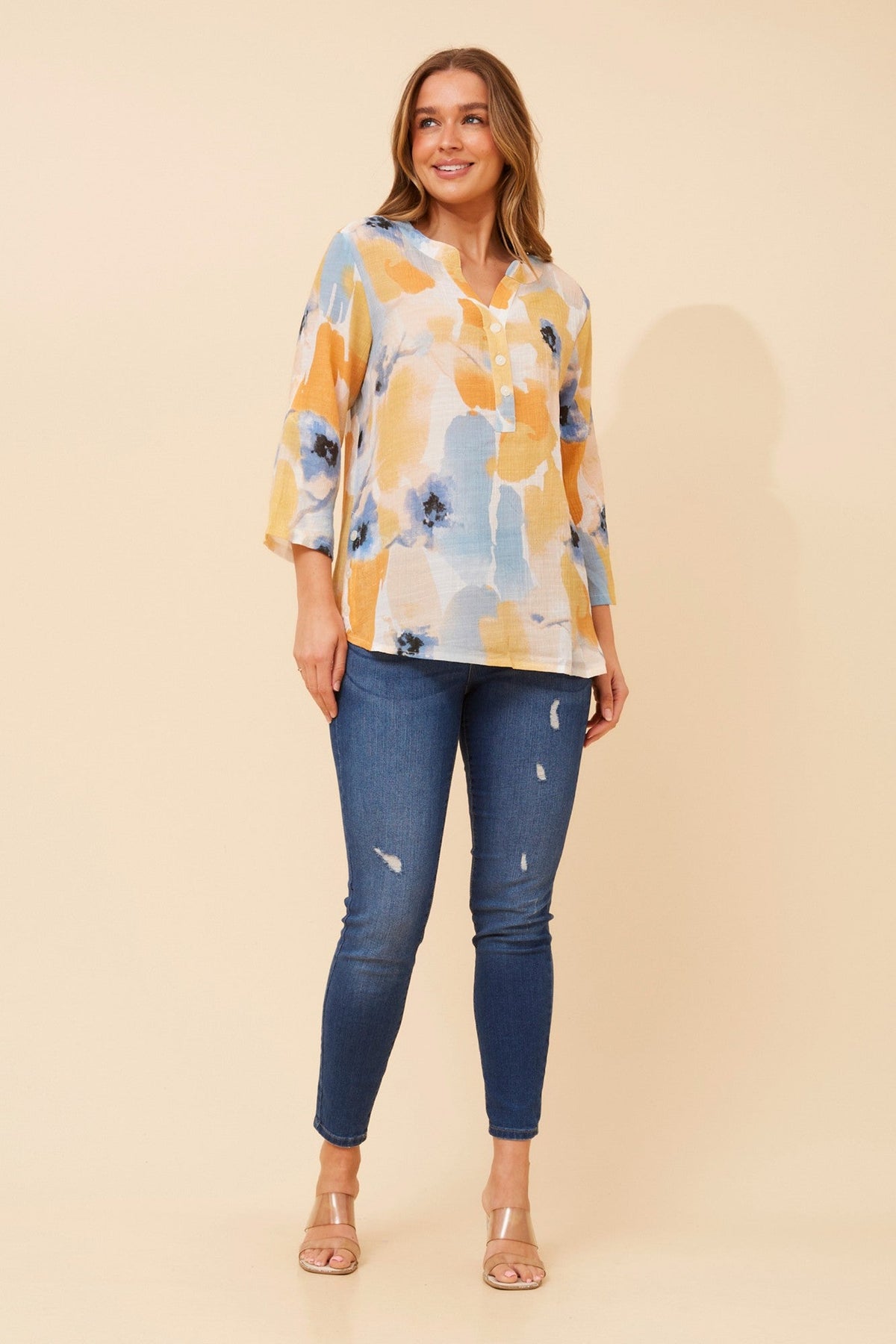 Image of Blouses. Product name - SHILPI ABSTRACT PRINT BLOUSE in Blue colour by brand - Caroline Morgan Australia
