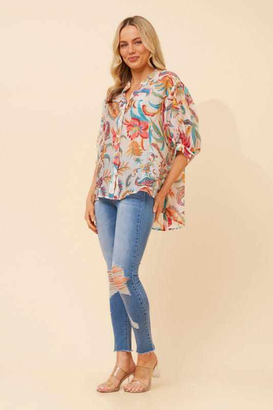 Image of Shirts. Product name - BELINA FLORAL SHIRT in Multi Pink colour by brand - Caroline Morgan Australia