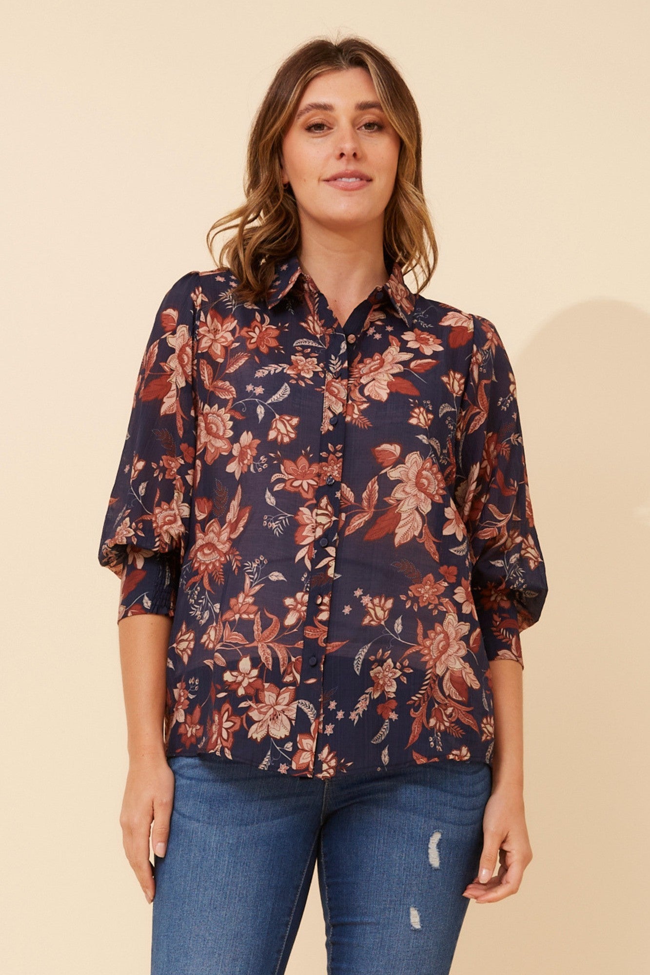 Image of Shirts. Product name - ISHLA FLORAL SHIRT in Navy colour by brand - Caroline Morgan Australia