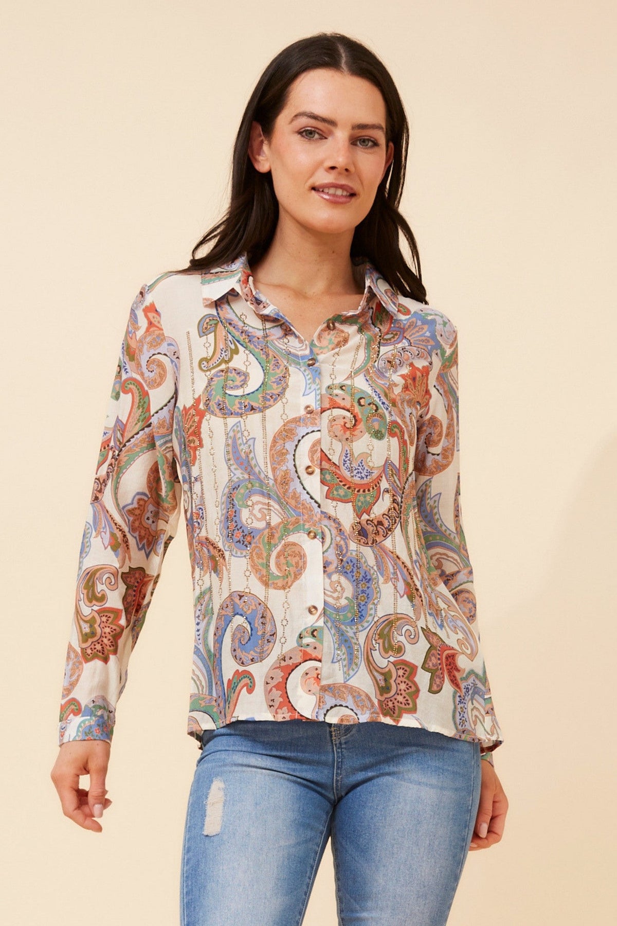 Image of Shirts. Product name - ORENDA PAISLEY PRINT SHIRT in Multi Cream colour by brand - Caroline Morgan Australia