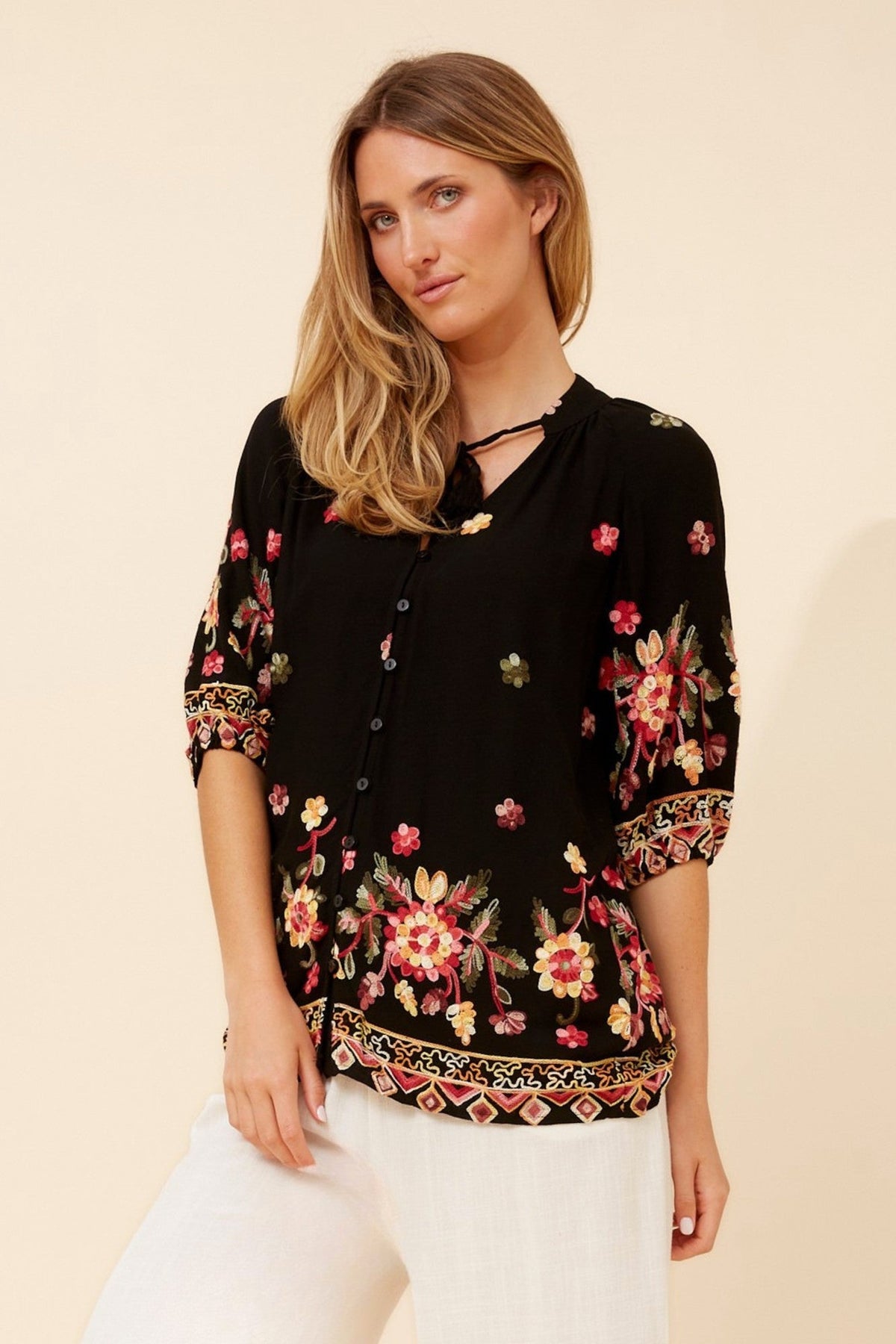 Caroline Morgan Australia TAYLEN FLORAL EMBROIDERED TOP (Black)
