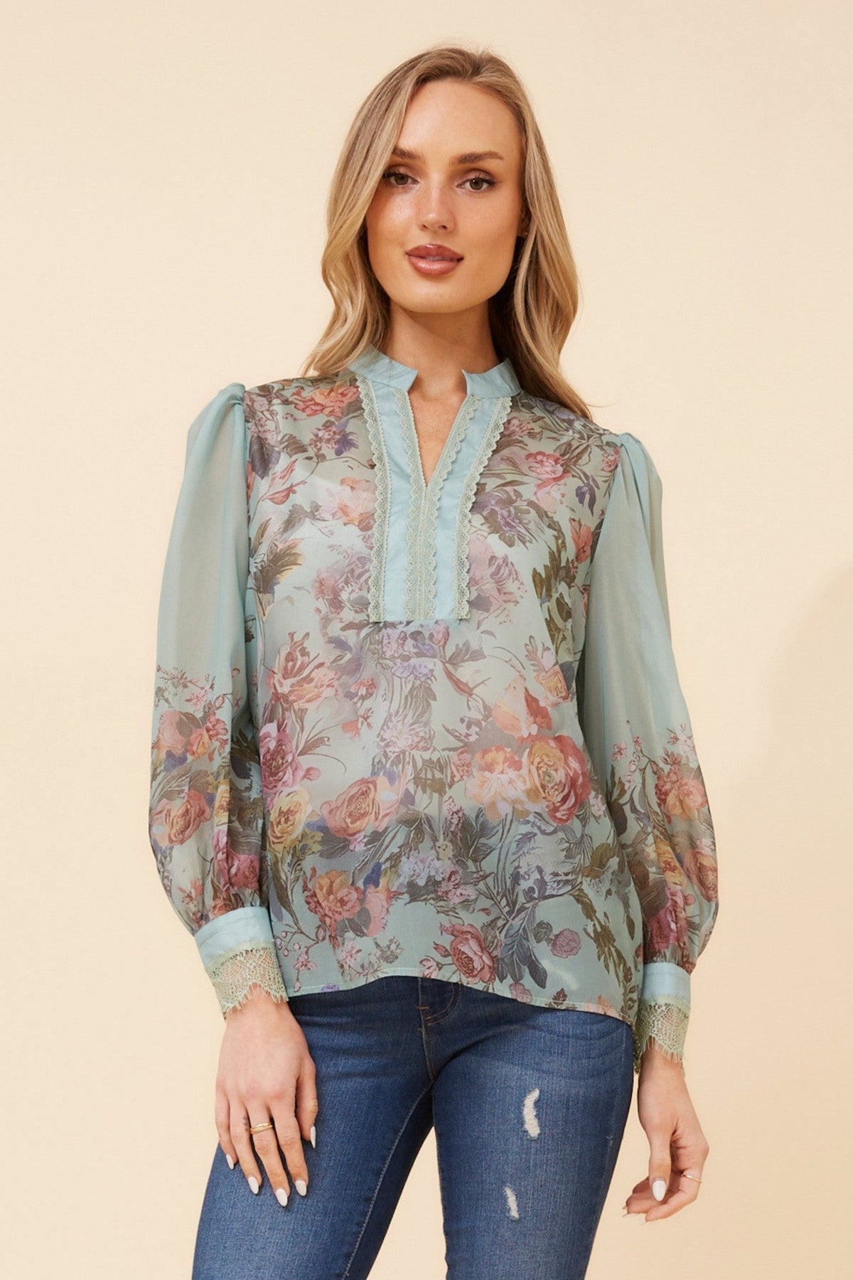 Image of Blouses. Product name - VENEZIA FLORAL PRINT BLOUSE in Green Ash colour by brand - Caroline Morgan Australia