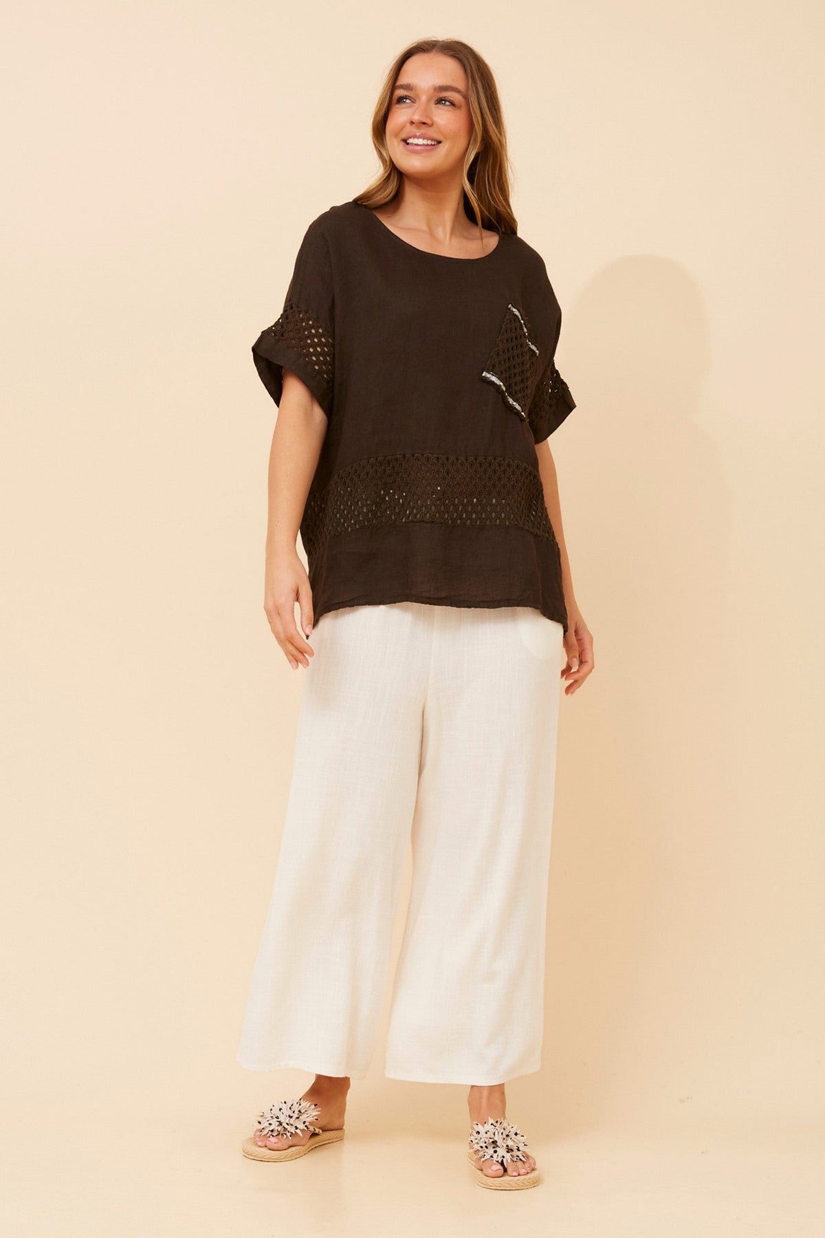 MORRA PATCHWORK LINEN TOP (Bitter Chocolate)