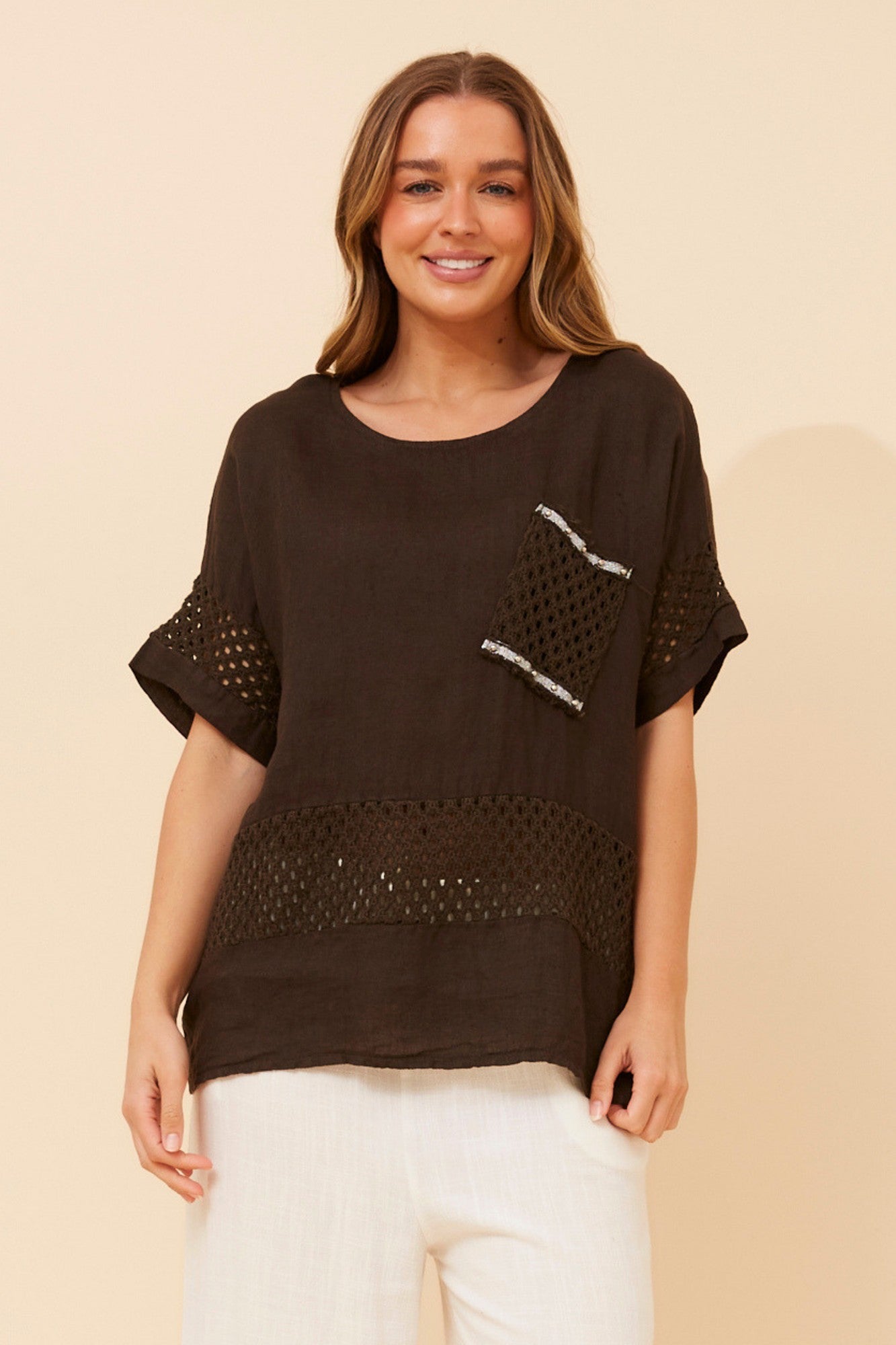 MORRA PATCHWORK LINEN TOP (Bitter Chocolate)