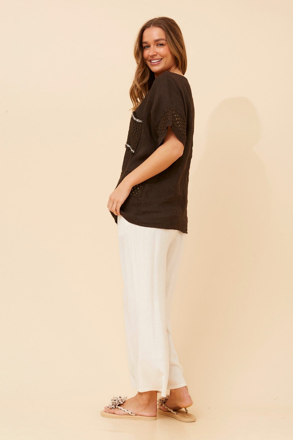 MORRA PATCHWORK LINEN TOP (Bitter Chocolate)